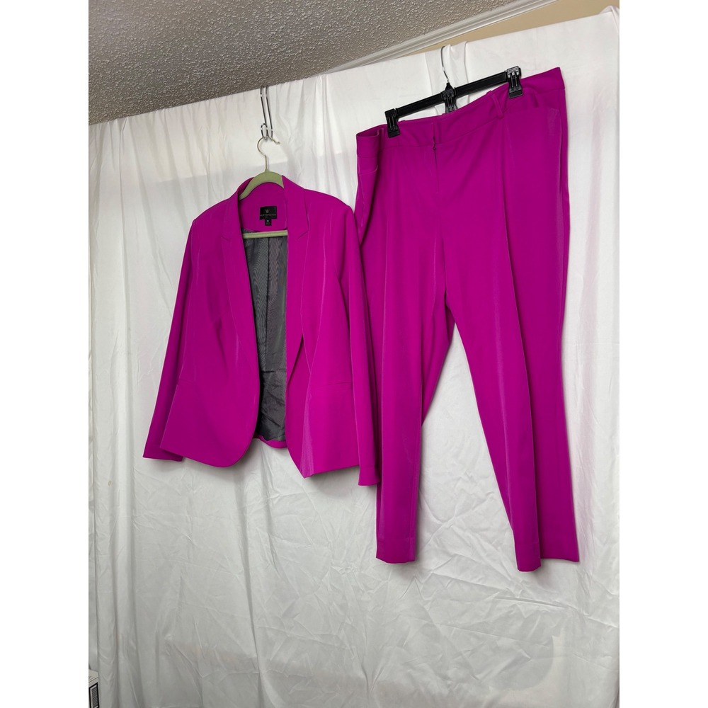 Worthington Womens Magenta Pink 2-Piece Pant Suit Blazer Slim Fit Trousers 2X